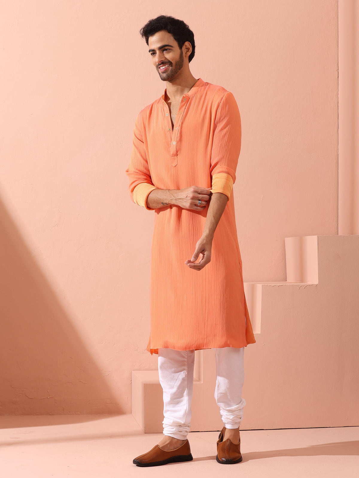 Indyancart ST Men’s Reversible Peach & Orange Chiffon Kurta with Snaps 1 Piece | A-Line, Round Neck, Full Sleeves, Festive Wear, (Chiffon)