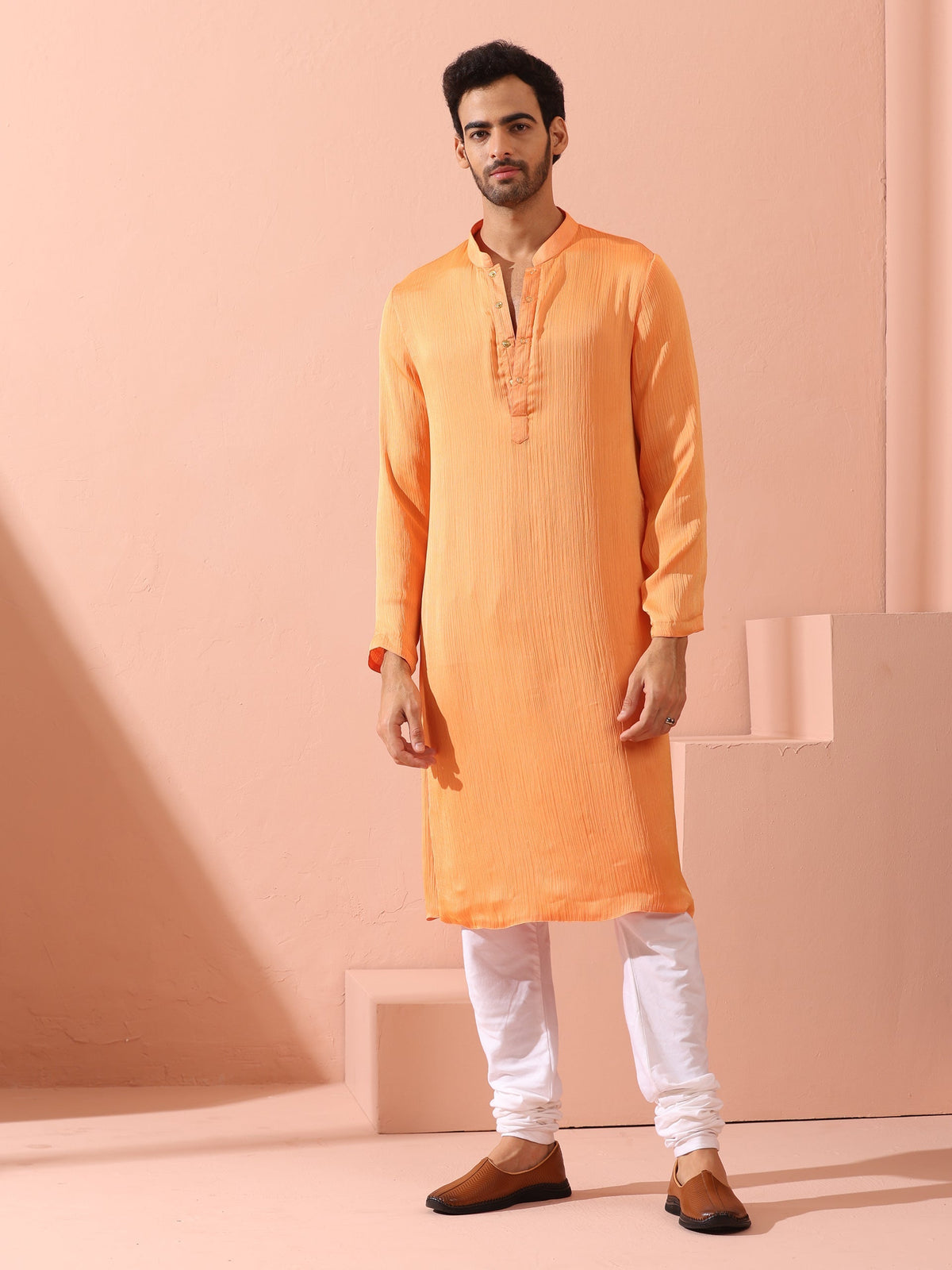 Indyancart ST Men’s Reversible Peach & Orange Chiffon Kurta with Snaps 1 Piece | A-Line, Round Neck, Full Sleeves, Festive Wear, (Chiffon)
