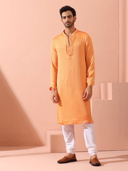 Indyancart ST Men’s Reversible Peach & Orange Chiffon Kurta with Snaps 1 Piece | A-Line, Round Neck, Full Sleeves, Festive Wear, (Chiffon)