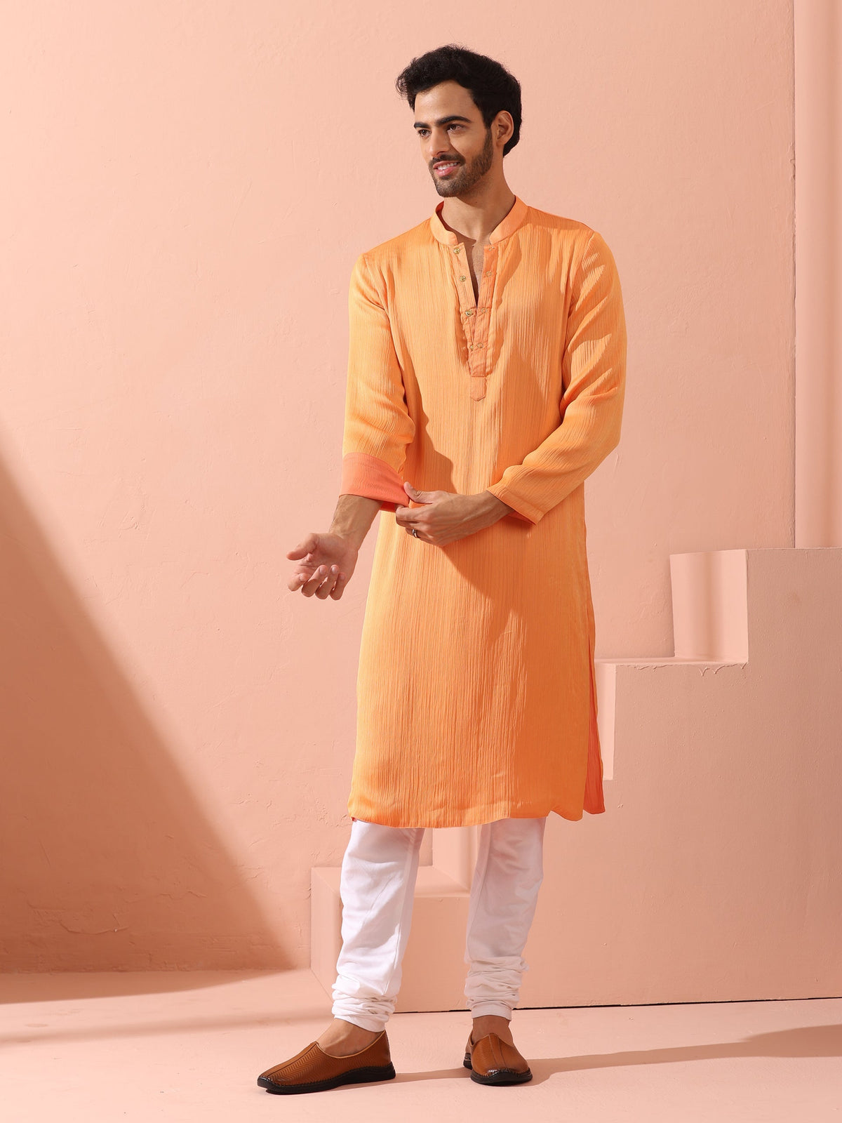 Indyancart ST Men’s Reversible Peach & Orange Chiffon Kurta with Snaps 1 Piece | A-Line, Round Neck, Full Sleeves, Festive Wear, (Chiffon)
