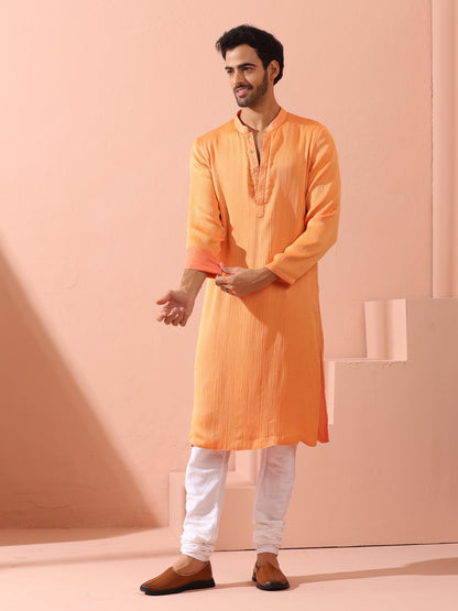 Indyancart ST Men’s Reversible Peach & Orange Chiffon Kurta with Snaps 1 Piece | A-Line, Round Neck, Full Sleeves, Festive Wear, (Chiffon)
