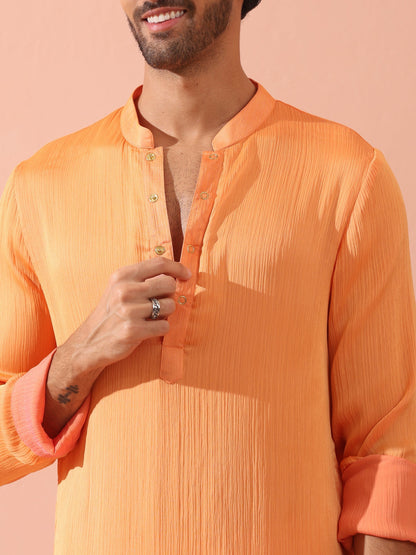 Indyancart ST Men’s Reversible Peach & Orange Chiffon Kurta with Snaps 1 Piece | A-Line, Round Neck, Full Sleeves, Festive Wear, (Chiffon)