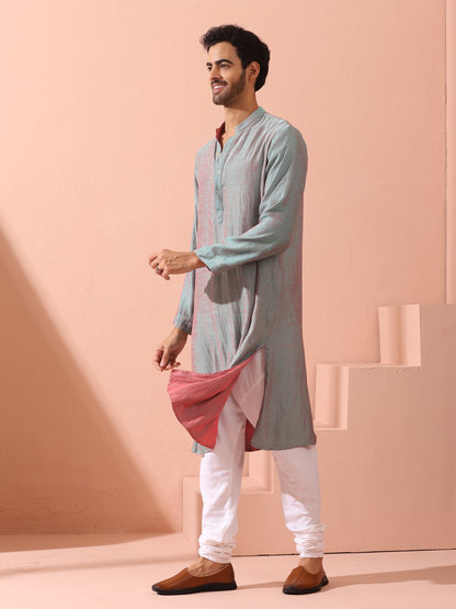 Indyancart ST Reversable Pink Blue Satin Kurta with Snaps