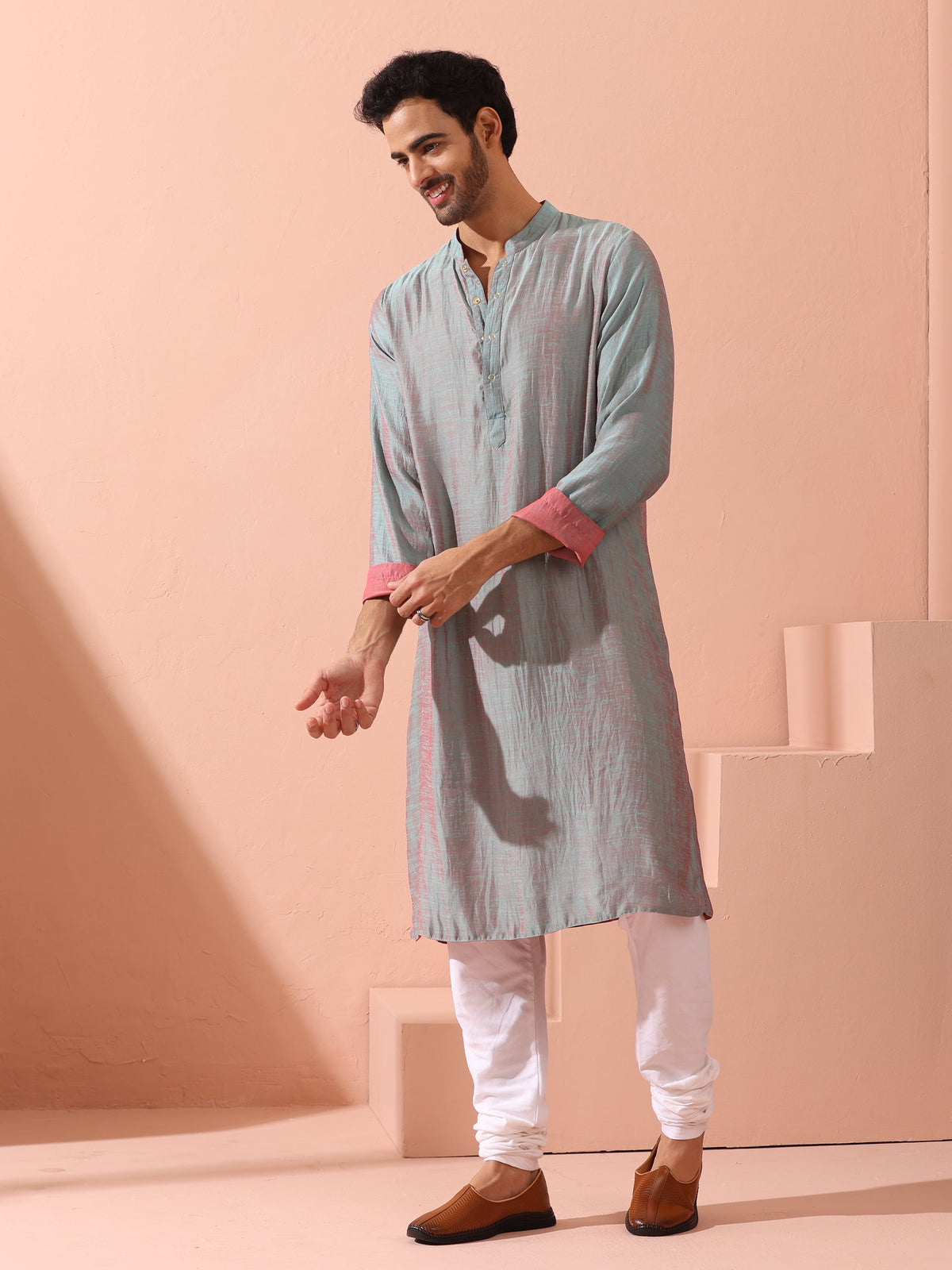 Indyancart ST Reversable Pink Blue Satin Kurta with Snaps