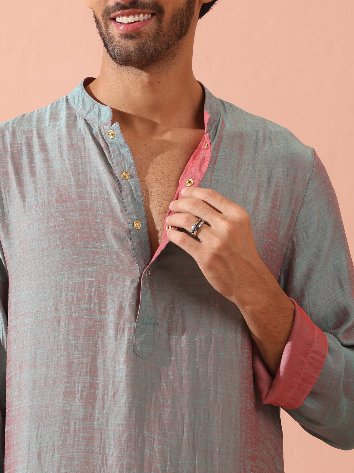 Indyancart ST Reversable Pink Blue Satin Kurta with Snaps