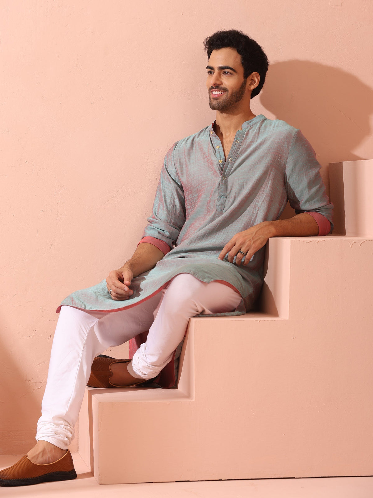Indyancart ST Reversable Pink Blue Satin Kurta with Snaps