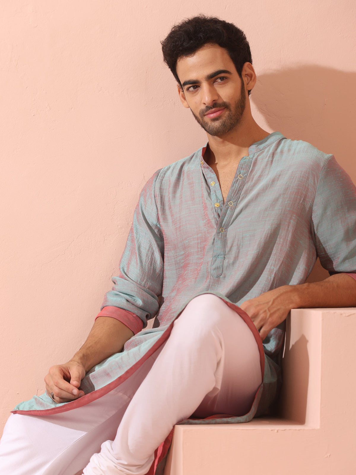 Indyancart ST Reversable Pink Blue Satin Kurta with Snaps