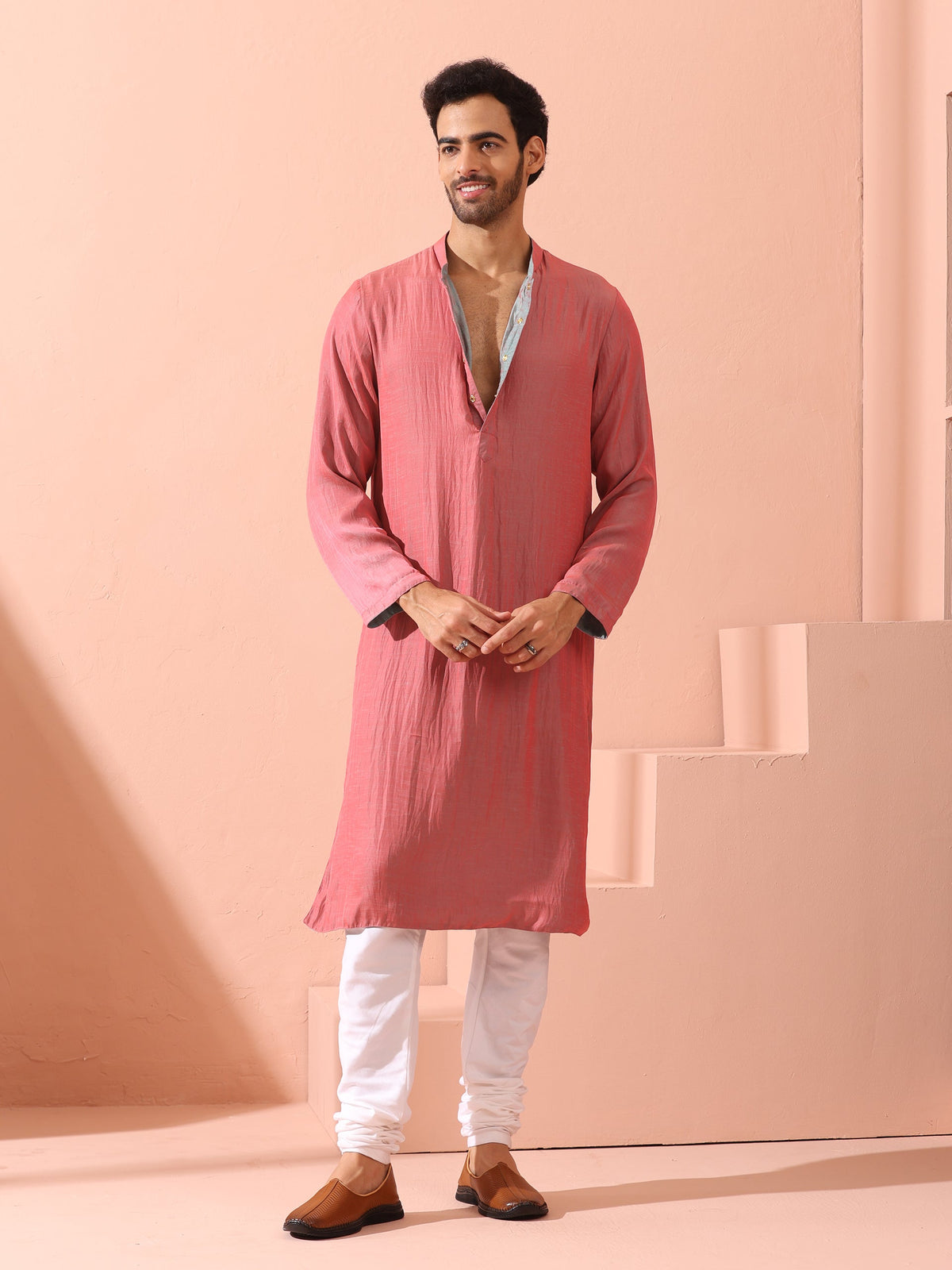 Indyancart ST Reversable Pink Blue Satin Kurta with Snaps