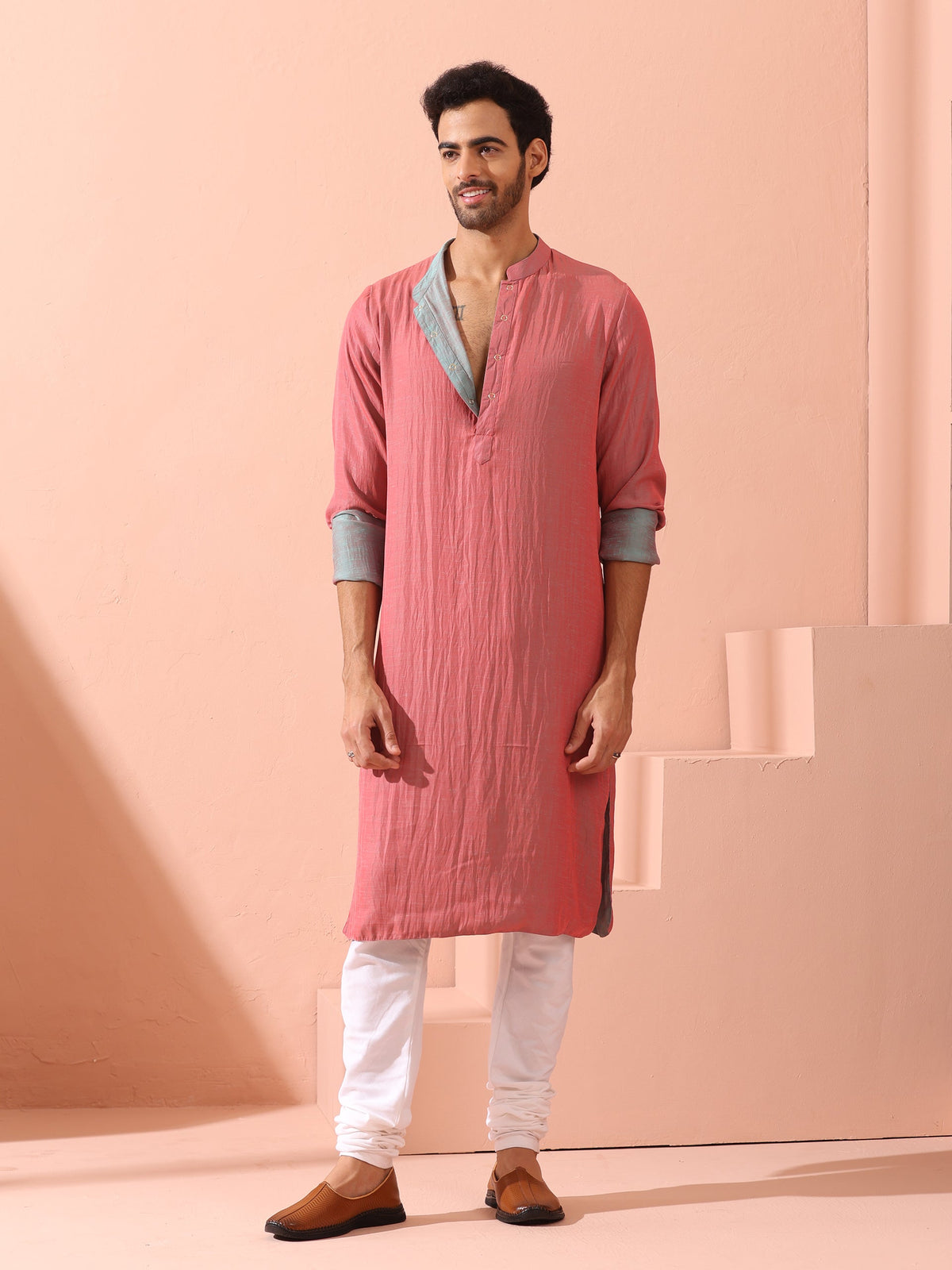 Indyancart ST Reversable Pink Blue Satin Kurta with Snaps