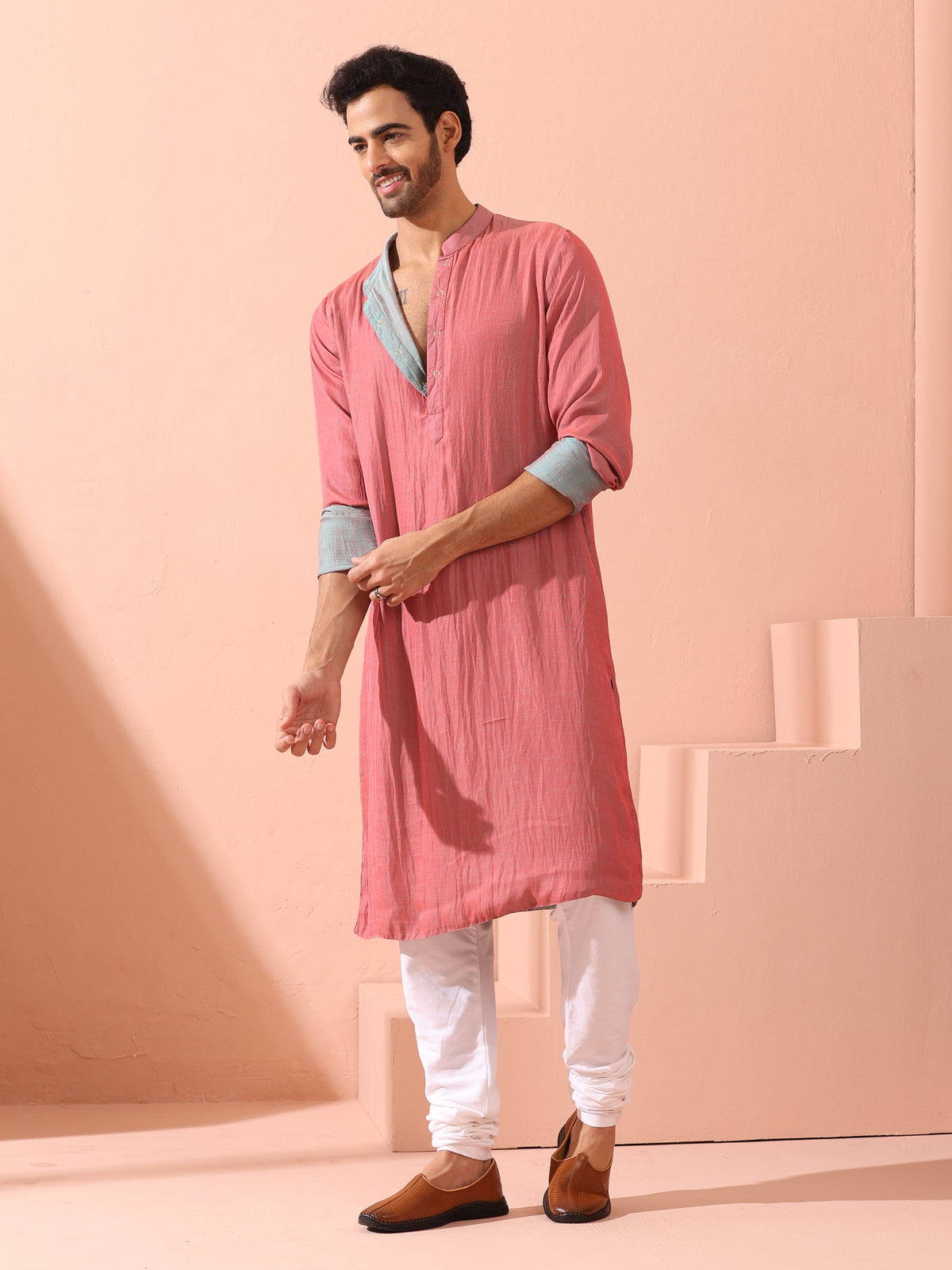 Indyancart ST Reversable Pink Blue Satin Kurta with Snaps