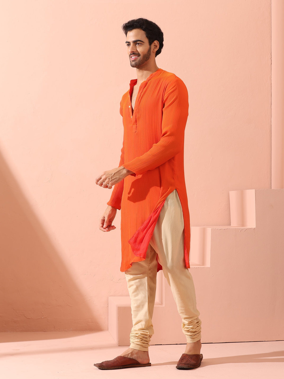 Indyancart ST Reversible Fire and Cool Orange Red Chiffon Kurta With Snaps
