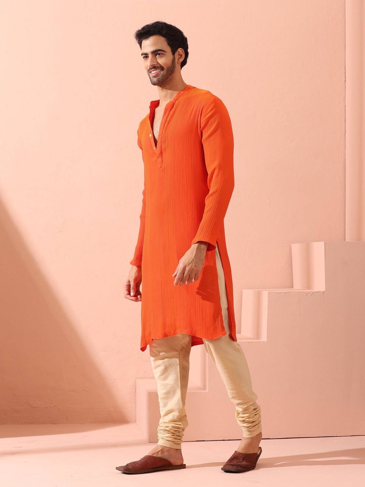 Indyancart ST Reversible Fire and Cool Orange Red Chiffon Kurta With Snaps