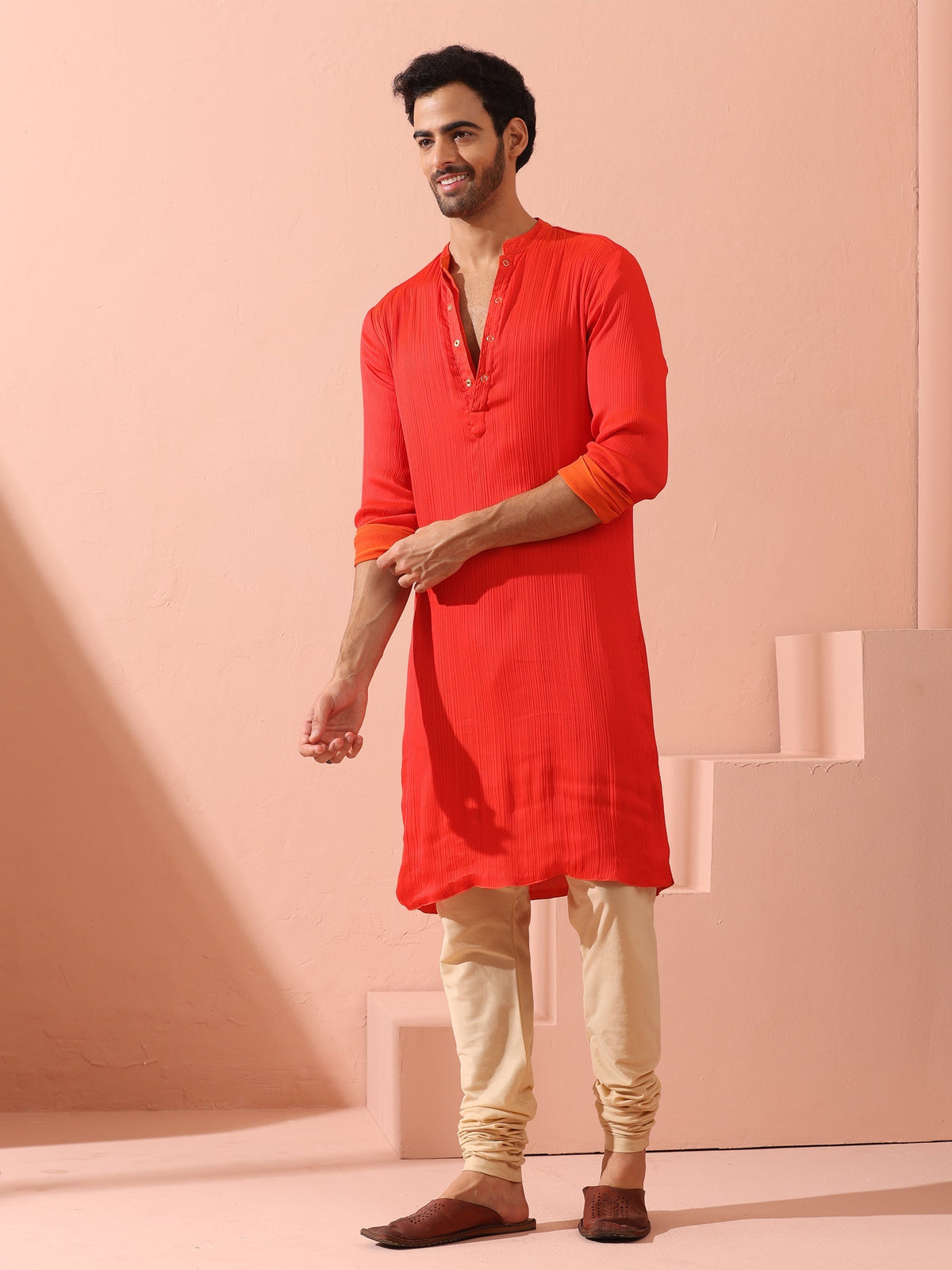 Indyancart ST Reversible Fire and Cool Orange Red Chiffon Kurta With Snaps
