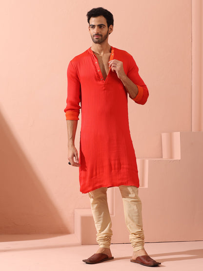Indyancart ST Reversible Fire and Cool Orange Red Chiffon Kurta With Snaps