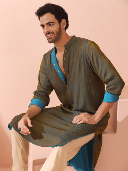 Indyancart ST Reversable Grandeur Blue and Grey Kurta with Snaps