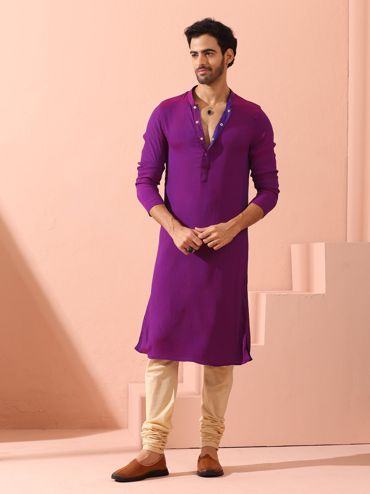Indyancart ST Reversible Striking Purple Plum Chiffon Kurta With Snaps