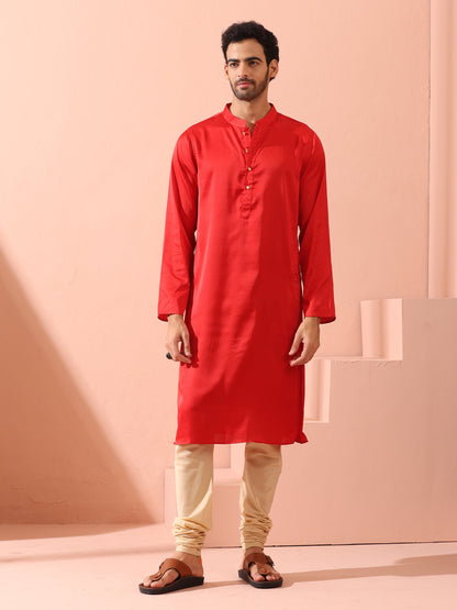 Indyancart ST Creed Red Satin Kurta with Gold Buttons