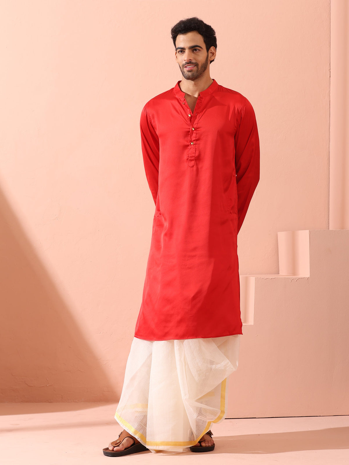 Indyancart ST Creed Red Satin Kurta with Gold Buttons