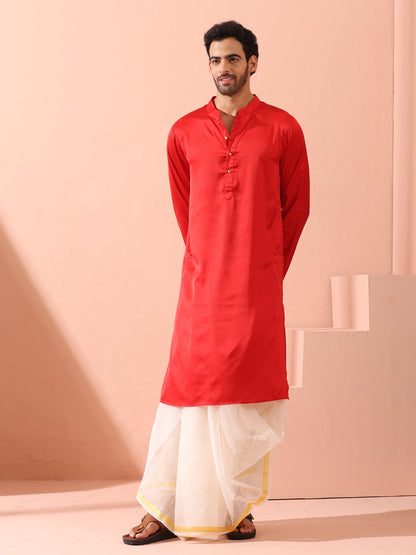 Indyancart ST Creed Red Satin Kurta with Gold Buttons