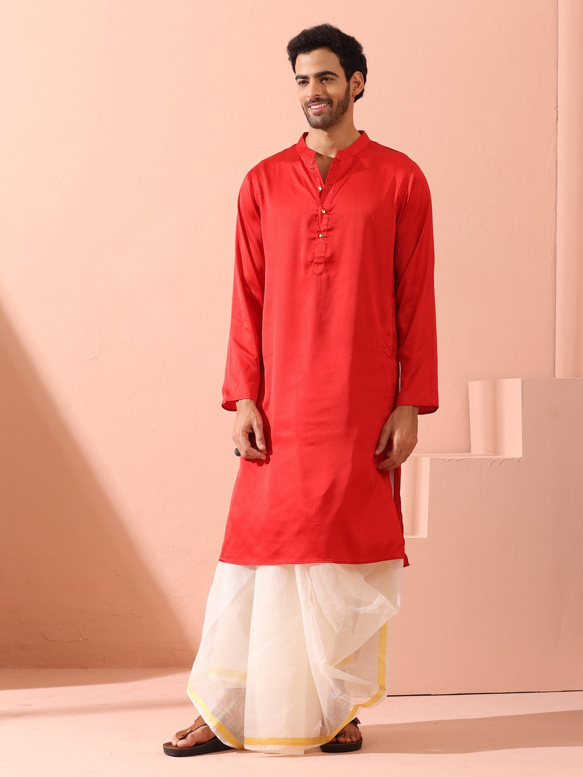 Indyancart ST Creed Red Satin Kurta with Gold Buttons