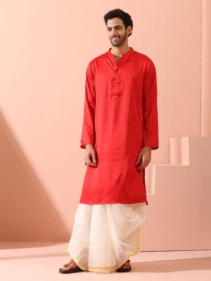 Indyancart ST Creed Red Satin Kurta with Gold Buttons