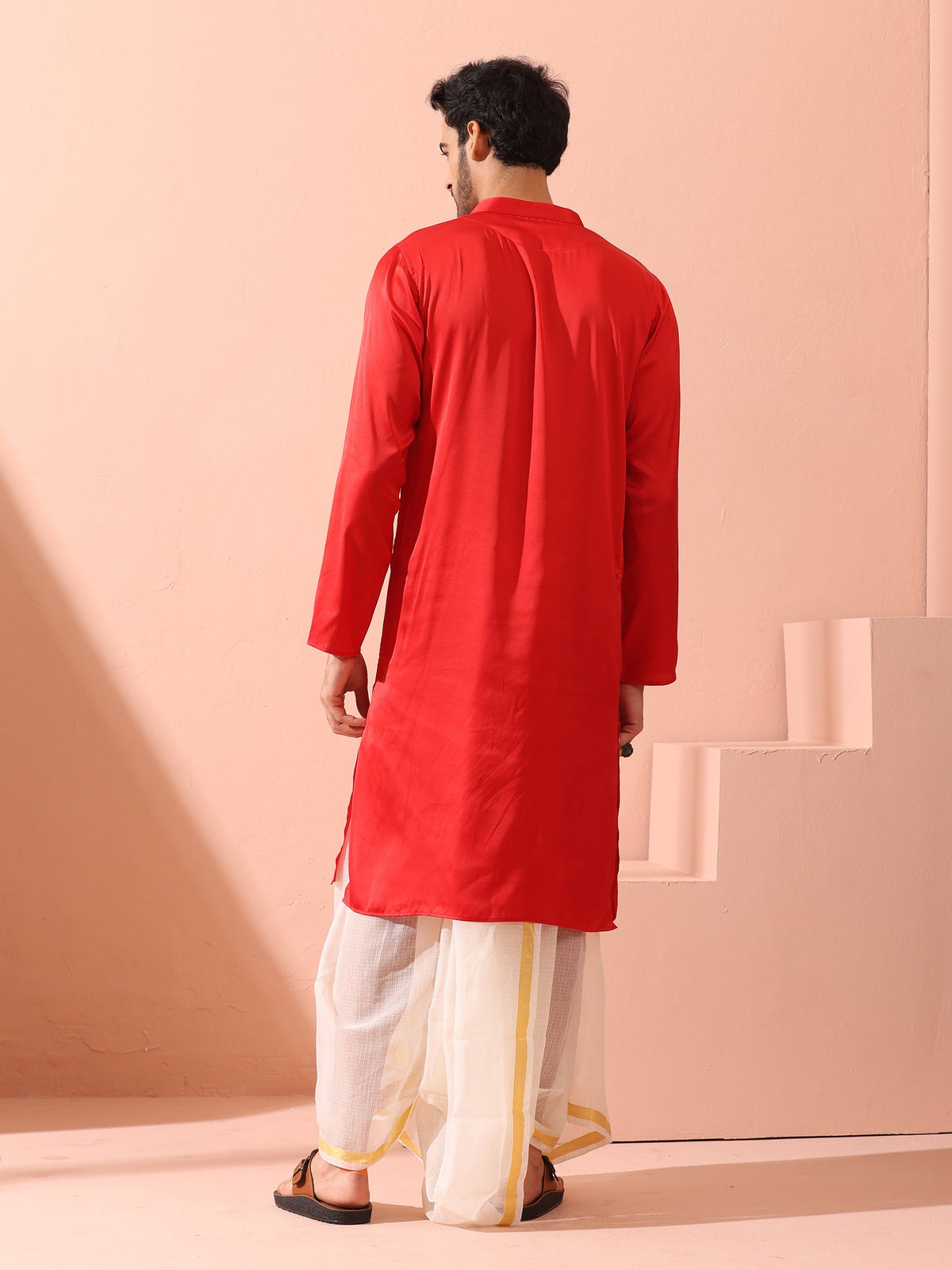 Indyancart ST Creed Red Satin Kurta with Gold Buttons
