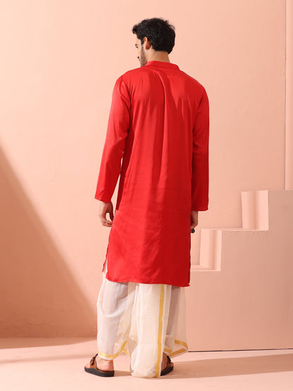 Indyancart ST Creed Red Satin Kurta with Gold Buttons
