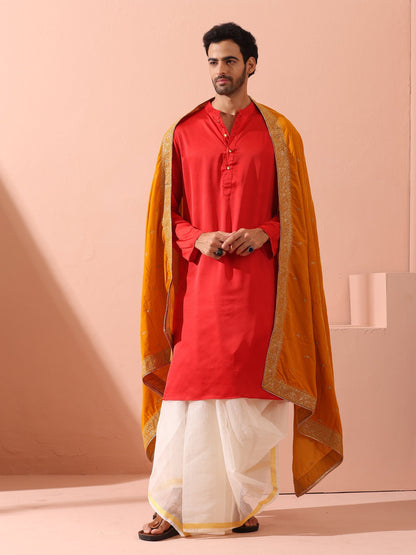 Indyancart ST Creed Red Satin Kurta with Gold Buttons