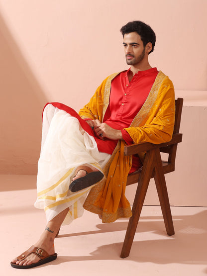 Indyancart ST Creed Red Satin Kurta with Gold Buttons