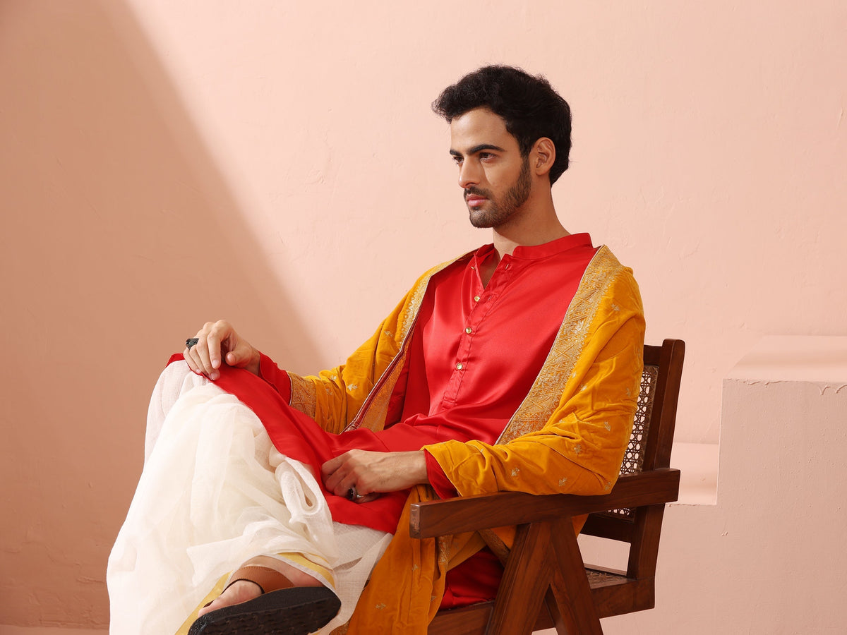 Indyancart ST Creed Red Satin Kurta with Gold Buttons