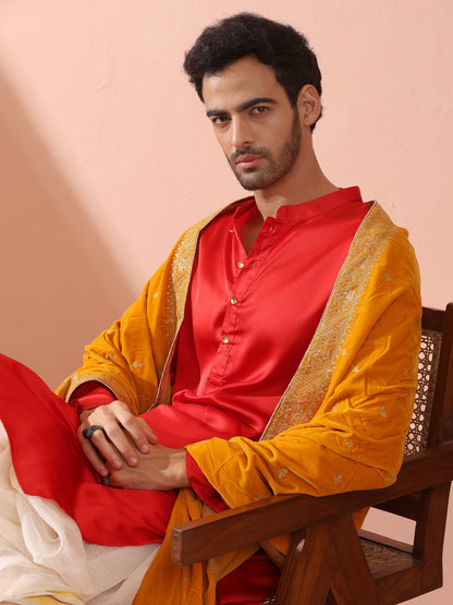 Indyancart ST Creed Red Satin Kurta with Gold Buttons
