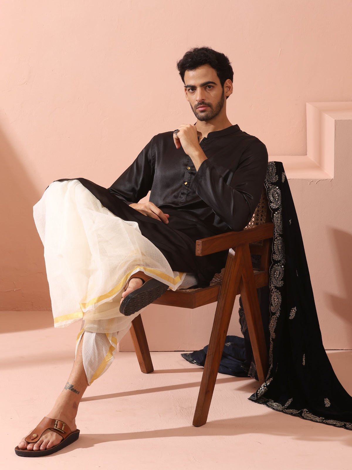 Indyancart ST Boss Black Satin Kurta with Gold Buttons