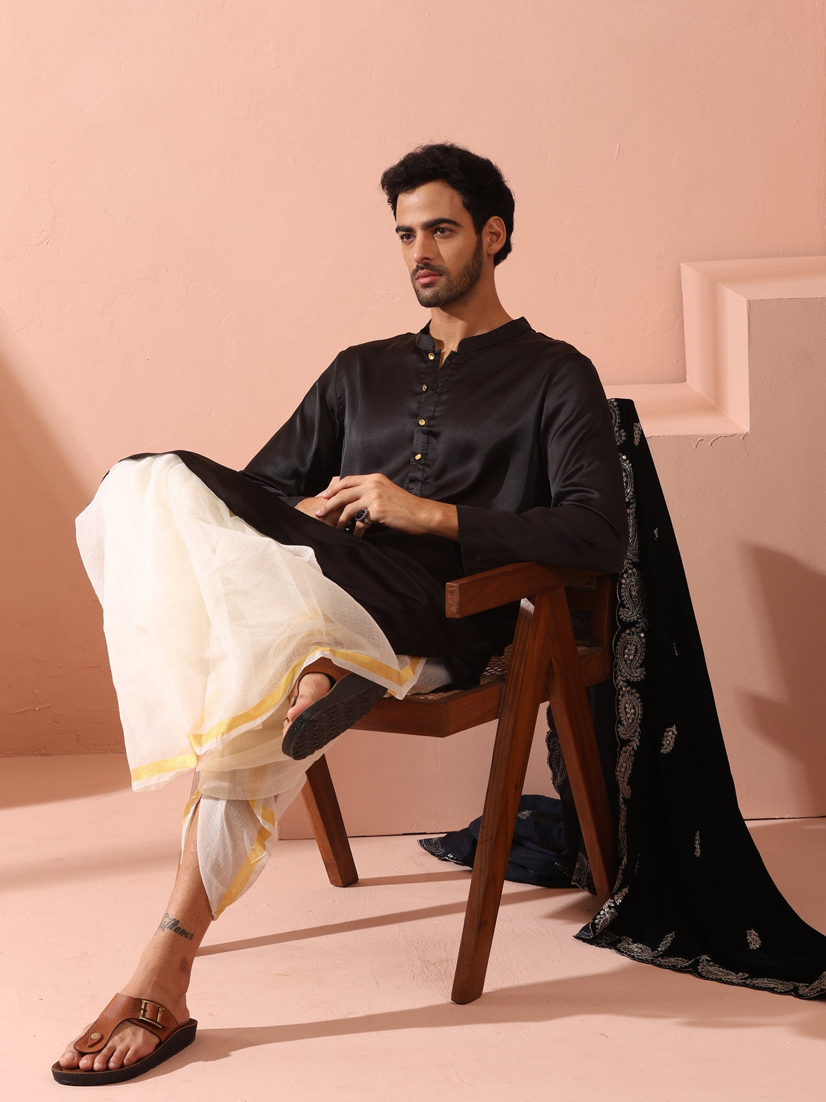 Indyancart ST Boss Black Satin Kurta with Gold Buttons