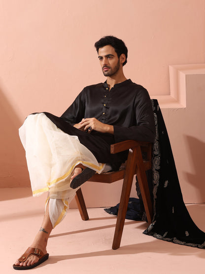 Indyancart ST Boss Black Satin Kurta with Gold Buttons