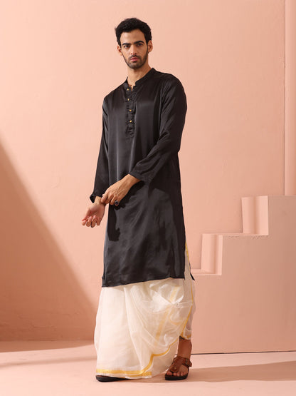 Indyancart ST Boss Black Satin Kurta with Gold Buttons