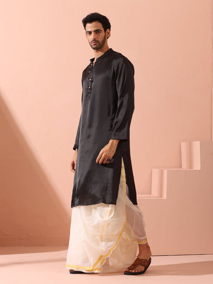 Indyancart ST Boss Black Satin Kurta with Gold Buttons