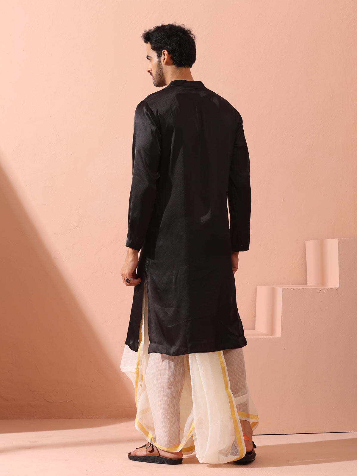 Indyancart ST Boss Black Satin Kurta with Gold Buttons