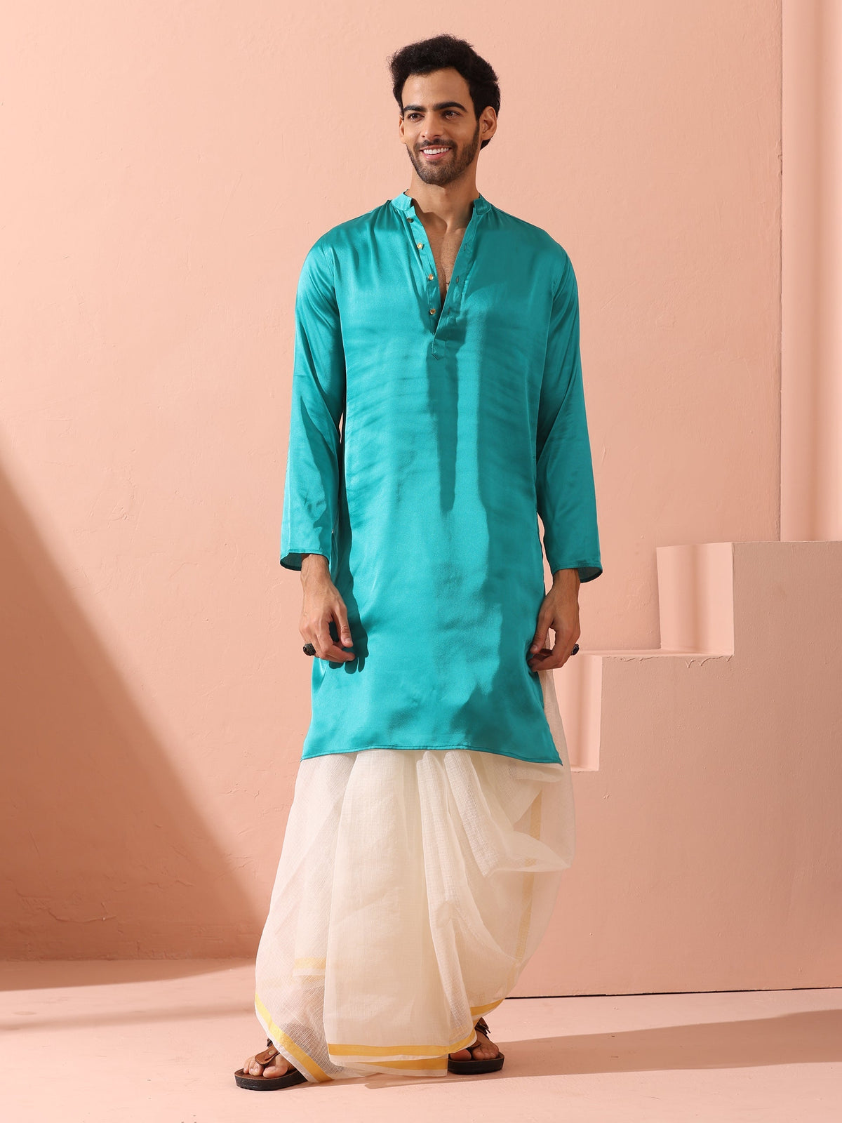 Indyancart ST Splash Blue Satin Kurta with Gold Buttons
