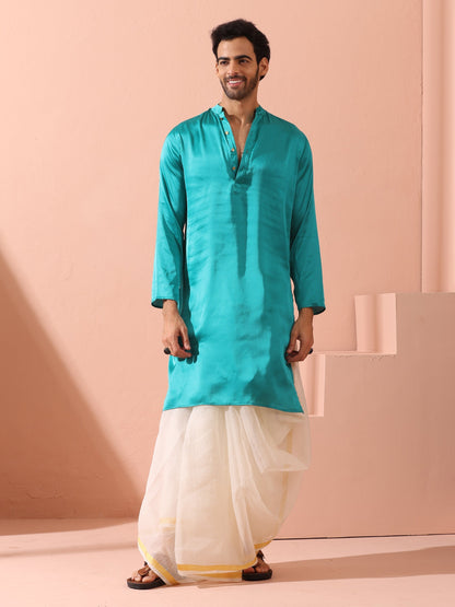Indyancart ST Splash Blue Satin Kurta with Gold Buttons