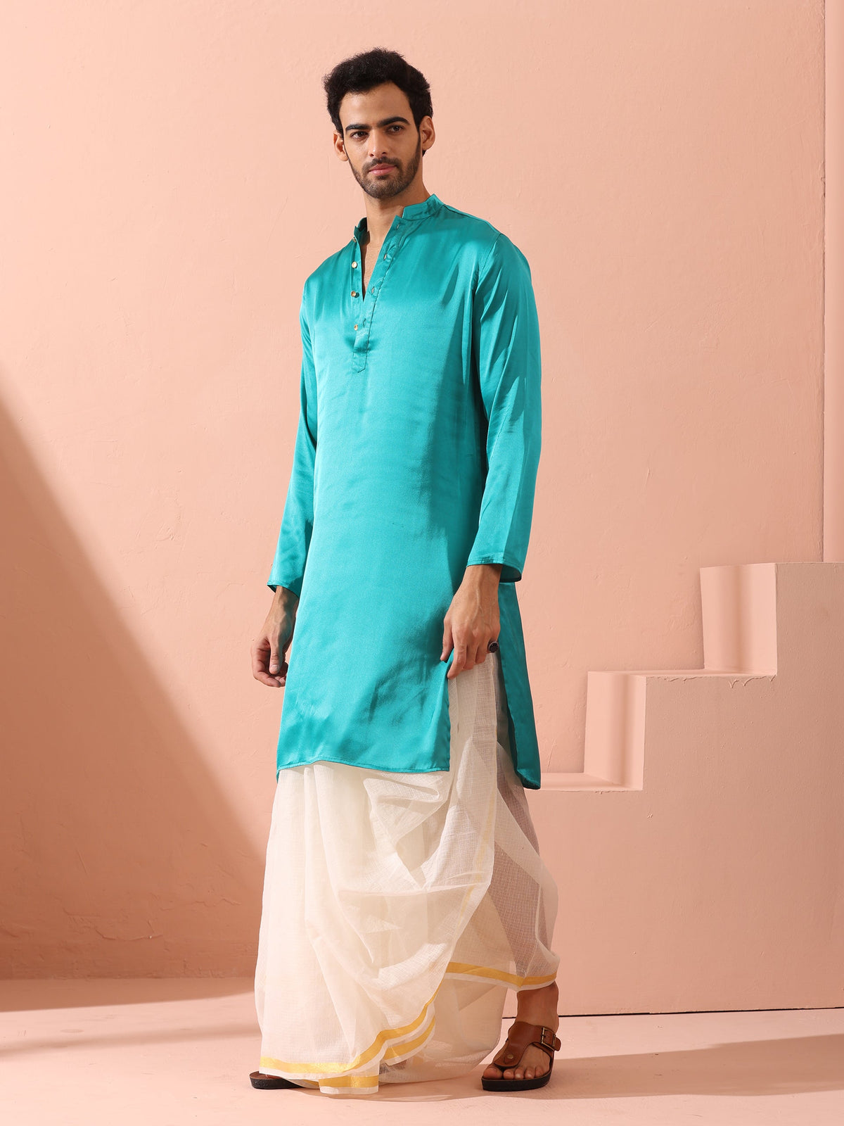 Indyancart ST Splash Blue Satin Kurta with Gold Buttons