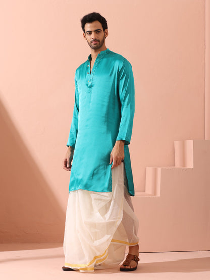 Indyancart ST Splash Blue Satin Kurta with Gold Buttons
