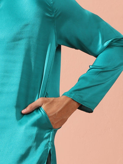 Indyancart ST Splash Blue Satin Kurta with Gold Buttons