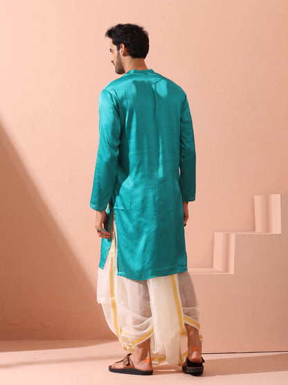 Indyancart ST Splash Blue Satin Kurta with Gold Buttons