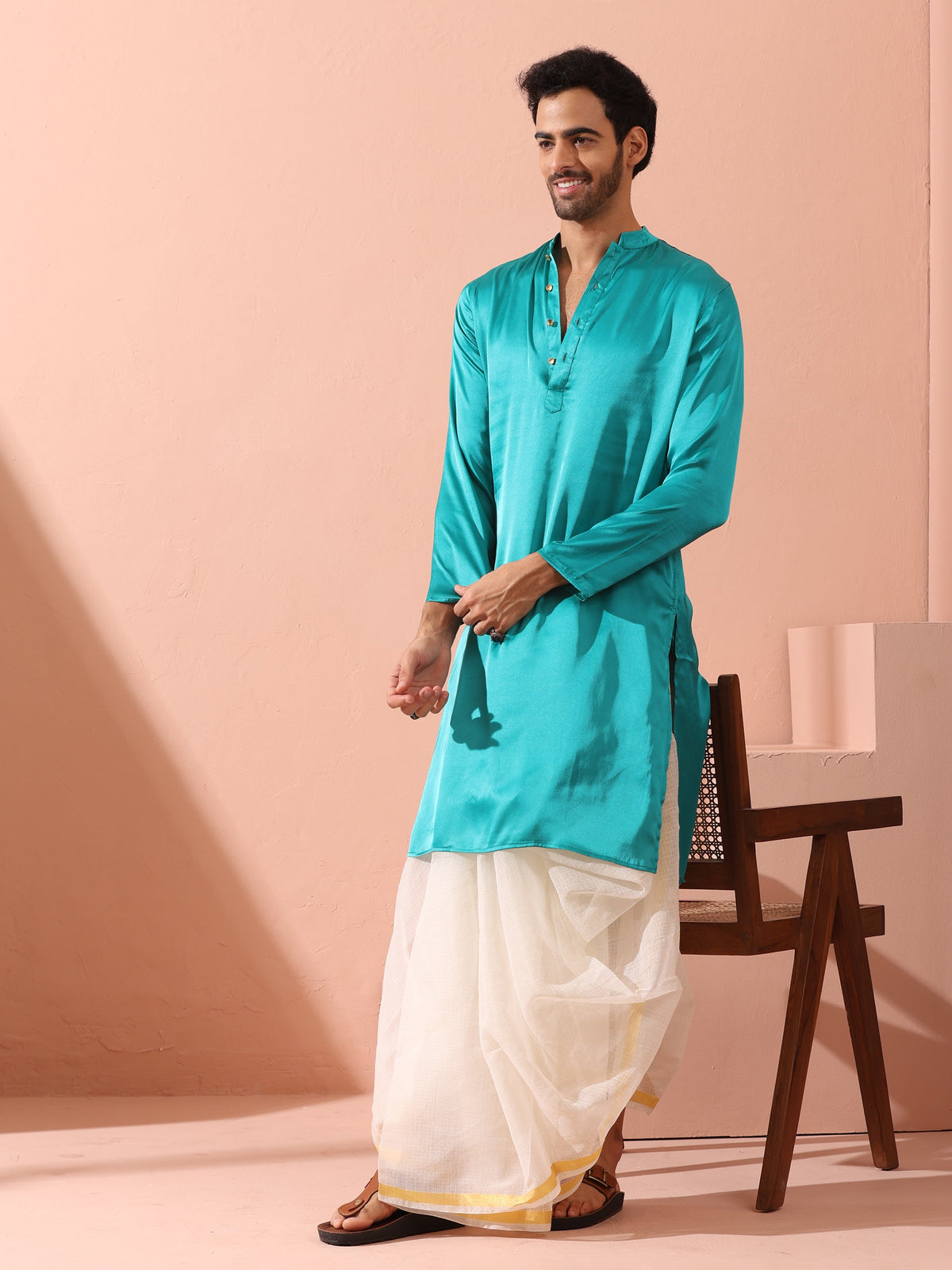 Indyancart ST Splash Blue Satin Kurta with Gold Buttons