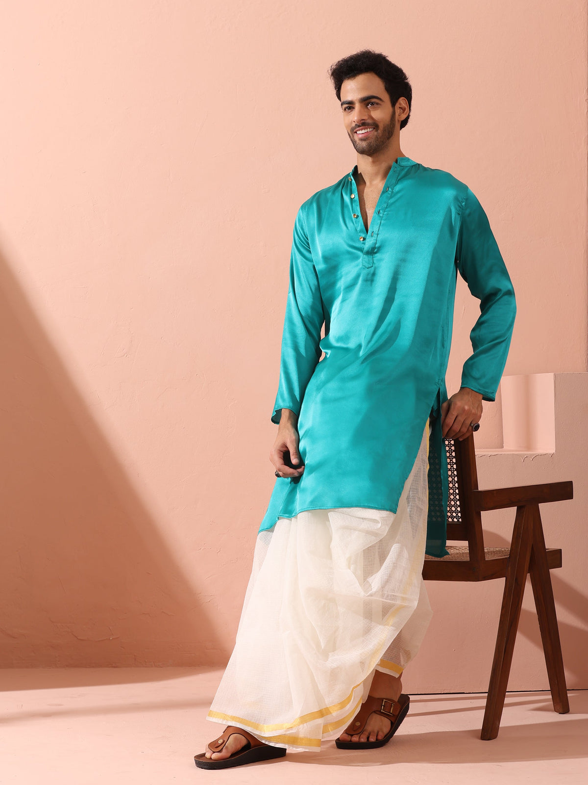 Indyancart ST Splash Blue Satin Kurta with Gold Buttons