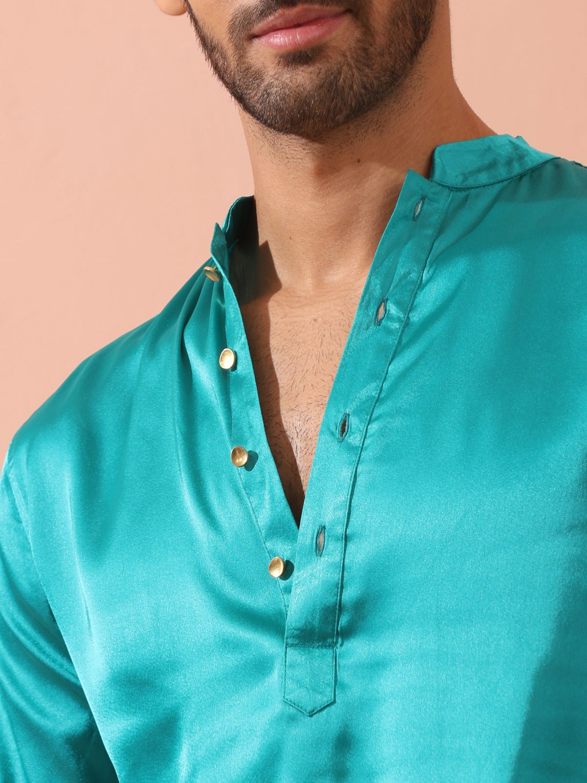 Indyancart ST Splash Blue Satin Kurta with Gold Buttons