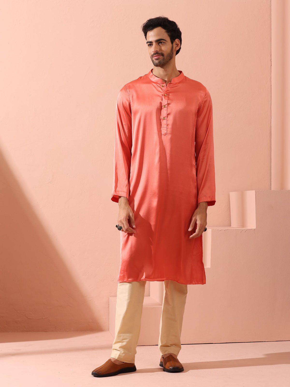 Indyancart ST Rose Orange Satin Kurta with Gold Buttons
