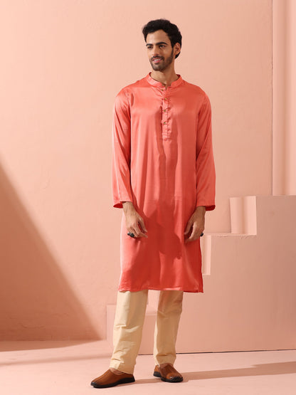 Indyancart ST Rose Orange Satin Kurta with Gold Buttons