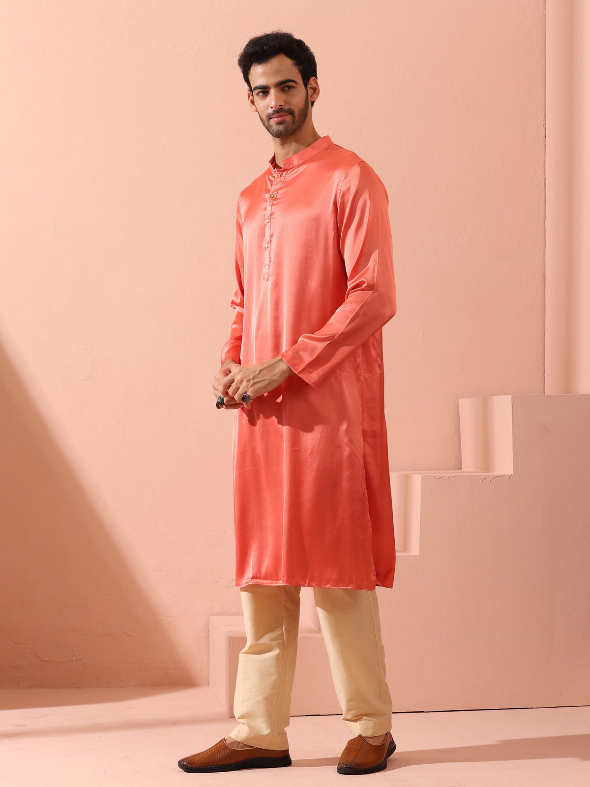 Indyancart ST Rose Orange Satin Kurta with Gold Buttons