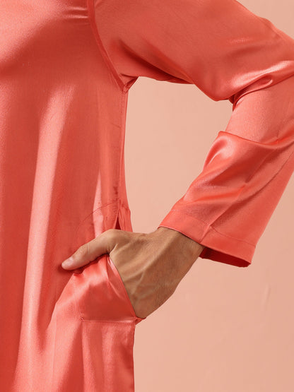 Indyancart ST Rose Orange Satin Kurta with Gold Buttons